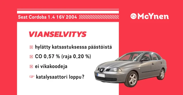 Äitini 2004 Seat Cordoba hylättiin keväällä katsastuksessa päästöistä, ja rehellisesti sanottuna pelkäsin pahinta. Moottorin vikavalo ei kuitenkaan palanut eikä autossa ollut aktiivisia vikakoodeja. Alkuperäisessä mittauksessa CO-arvo oli selvästi liian korkea verrattuna sallittuun arvoon.

• CO: 0,57 % (sallittu enintään 0,20 %)
• CO₂: 14,10 %
• HC: 60 ppm
• O₂: 0,66 %
• Lambda: 1,012

Ennen kuin lähdin vaihtamaan osia tai epäilemään rikkinäistä katalysaattoria, halusin selvittää tilanteen rauhassa mittaamalla ja analysoimalla arvoja tarkemmin. Epäilin aluksi mm.:

• että öljyn seassa voisi olla bensaa runsaan lyhyen ajon seurauksena
• että alle vuosi sitten vaihdettu tarvikevalmisteinen takakatalysaattori ei toimisi riittävän tehokkaasti
• tai että katalysaattori ei ollut ehtinyt kunnolla toimintalämpöön, jos auto olisi ajettu lähes suoraan kylmänä katsastusasemalle

Runsas lyhytajo voi aiheuttaa sen, että moottoriöljyn sekaan kertyy polttoainetta erityisesti kylmäkäynnistysten yhteydessä. Kun öljy lämpenee, osa tästä polttoaineesta höyrystyy kampikammion huohotuksen kautta takaisin imusarjaan ja palaa moottorissa mukana. Tämä voi hetkellisesti rikastaa seosta ja nostaa erityisesti CO-päästöjä. Lisäksi ECU:n itsevalvontadatassa yksi päästöihin liittyvä testi näytti FAIL-tilaa ennen lämpimäksi ajoa. Tein testit uudelleen moottorin ja katalysaattorin kunnollisen lämpimäksi ajon jälkeen, ja kaikki testit olivat tämän jälkeen hyväksyttyjä. Seurasin livedataa ja fuel trim -arvoja moottorin ollessa normaalissa toimintalämpötilassa, ja arvot näyttivät loogisilta. Jos moottorinohjaus olisi jatkuvasti tulkinnut seoksen liian laihaksi, ECU olisi yrittänyt korjata tilannetta lisäämällä polttoaineen syöttöä, mikä olisi yleensä näkynyt myös fuel trim -arvoissa selvästi suurempina korjauksina.

Vaihdoin samalla myös moottoriöljyt, koska niiden vaihtoväli oli muutenkin ajankohtainen. Tämän jälkeen käytin auton kunnolla lämpimäksi maantie- ja moottoritieajolla ennen uusintamittausta.Uusintamittauksen arvot:

• CO: 0,01 %
• CO₂: 14,90 %
• HC: 36 ppm
• O₂: 0,04 %
• Lambda: 1,000

Lopputulos: hyväksytty päästömittaus ja katsastus. ✅ Arvot olivat itse asiassa erittäin hyvät vanhalle ja paljon ajetulle bensiinimoottorille.

Kysyin myöhemmin äidiltäni tarkemmin tilanteesta, ja auto oli tosiaan ajettu käytännössä suoraan kylmänä vain muutaman kilometrin matka katsastusasemalle. Varsinkin vanhemmissa ja paljon ajetuissa autoissa moottori ja katalysaattori kannattaa ajaa kunnolla lämpimäksi ennen päästömittausta.

Koska olimme lähdössä parin päivän päästä pidemmälle lomamatkalle, oli minullakin pieni paine saada auto kuntoon ja uusintakatsastettua ajoissa. Tässä tilanteessa olisi ollut helppo hairahtaa ns. ”osatykityslinjalle” ja päätyä kiireessä vaihtamaan esimerkiksi lambda-antureita, sytytystulppia, sytytyspuolia, polttoainesuuttimia tai jopa katalysaattoria ilman varmaa näyttöä siitä, että niissä olisi ollut todellista vikaa.

#autodiagnostiikkamies #McYnen

Min mammas Seat Cordoba från 2004 underkändes i våras i besiktningen på grund av avgasvärdena, och ärligt talat befarade jag det värsta. Motorlampan lyste ändå inte och bilen hade inga aktiva felkoder. Vid den första mätningen var CO-värdet klart för högt jämfört med det tillåtna värdet.

• CO: 0,57 % (högst 0,20 % tillåtet)
• CO₂: 14,10 %
• HC: 60 ppm
• O₂: 0,66 %
• Lambda: 1,012

Innan jag började byta delar eller misstänka en trasig katalysator ville jag reda ut situationen i lugn och ro genom att mäta och analysera värdena närmare. Till en början misstänkte jag bland annat:

• att det kunde finnas bensin i motoroljan till följd av mycket kortkörning
• att den eftermarknadstillverkade bakre katalysatorn, som hade bytts för mindre än ett år sedan, inte fungerade tillräckligt effektivt
• eller att katalysatorn inte hade hunnit bli ordentligt varm om bilen hade körts nästan direkt kall till besiktningsstationen

Mycket kortkörning kan leda till att bränsle samlas i motoroljan, särskilt i samband med kallstarter. När oljan blir varm förångas en del av bränslet och går via vevhusventilationen tillbaka till insuget och förbränns i motorn. Det kan tillfälligt göra blandningen rikare och framför allt höja CO-utsläppen. Dessutom visade ett av de utsläppsrelaterade testen i ECU:ns självövervakningsdata FAIL innan bilen hade körts varm. Jag gjorde om testerna efter att motorn och katalysatorn hade blivit ordentligt varma, och därefter var samtliga tester godkända. Jag följde livedata och fuel trim-värdena när motorn hade normal arbetstemperatur, och värdena såg logiska ut. Om motorstyrningen kontinuerligt hade tolkat blandningen som för mager skulle ECU:n ha försökt korrigera detta genom att öka bränsletillförseln, vilket i regel också skulle ha synts som betydligt större korrigeringar i fuel trim-värdena.

Samtidigt bytte jag också motoroljan, eftersom det ändå var dags för oljebyte. Därefter körde jag bilen ordentligt varm på landsväg och motorväg före den nya mätningen. Värdena vid den nya mätningen:

• CO: 0,01 %
• CO₂: 14,90 %
• HC: 36 ppm
• O₂: 0,04 %
• Lambda: 1,000

Resultatet: godkänd avgasmätning och besiktning. ✅ Värdena var faktiskt mycket bra för en gammal och  mycket körd bensinmotor.

När jag senare frågade min mamma närmare om situationen visade det sig att bilen faktiskt hade körts i princip direkt kall bara några kilometer till besiktningsstationen. Särskilt med äldre och mycket körda bilar lönar det sig att köra både motorn och katalysatorn ordentligt varma före avgasmätningen.

Eftersom vi skulle åka på en längre semesterresa ett par dagar senare hade också jag en viss press på mig att få bilen i skick och ombesiktad i tid. I den här situationen hade det varit lätt att hamna på den så kallade ”delkanonlinjen” och i brådskan börja byta till exempel lambdasonder, tändstift, tändspolar, bränsleinsprutare eller till och med katalysatorn utan några säkra belägg för att det faktiskt var något fel på dem.

#bildiagnostikmannen #McYnen